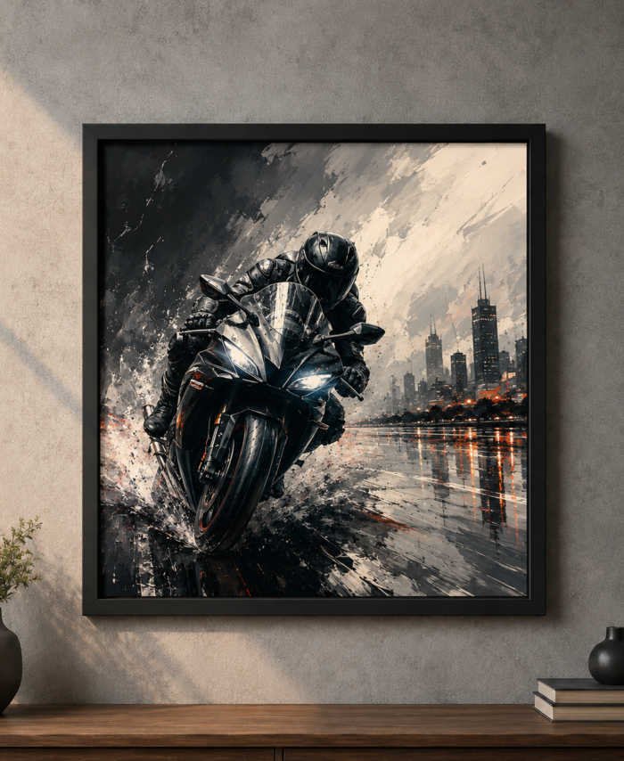 Dynamic motorcycle on wet road art