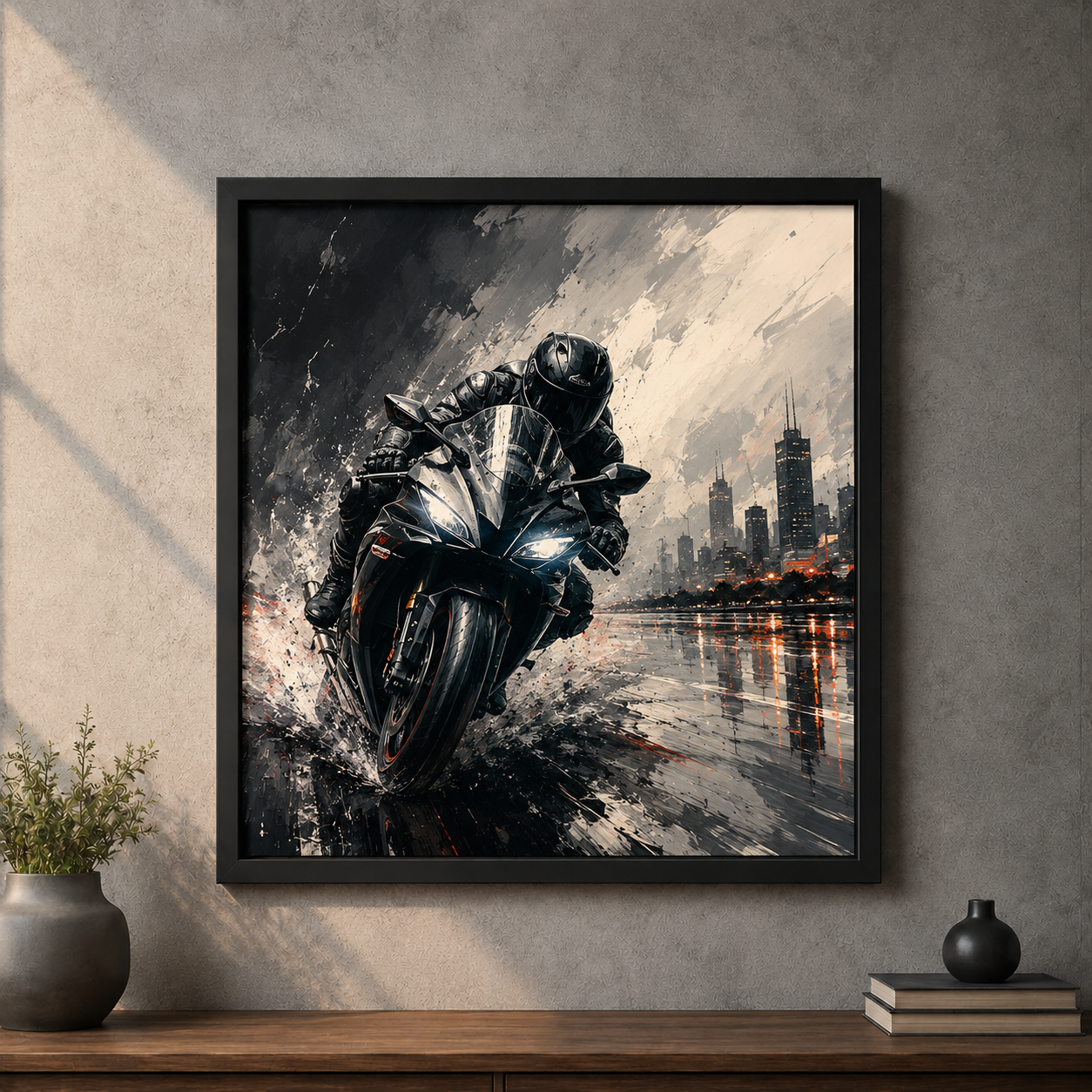 Dynamic motorcycle on wet road art