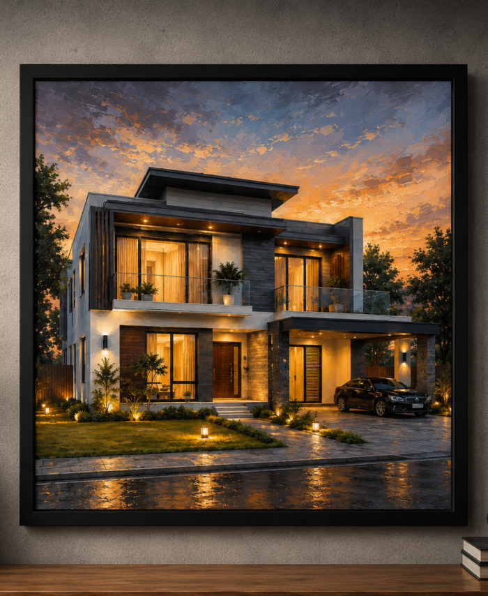 Modern home at sunset with reflections