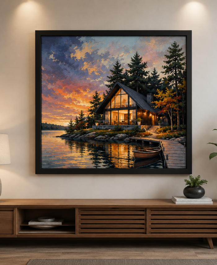 Cozy living room with lakeside art