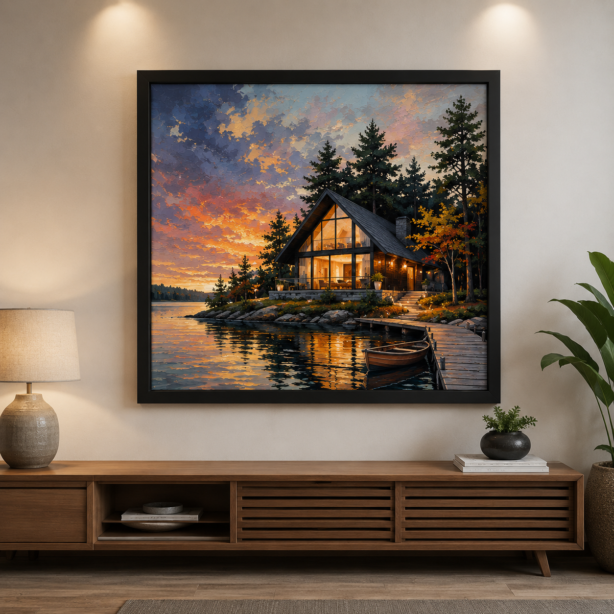 Cozy living room with lakeside art